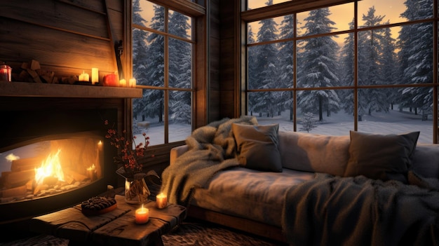 A fireplace is in front of a window with candles and blankets ai