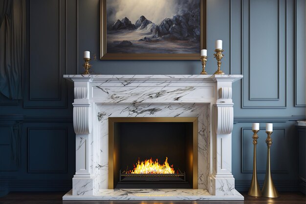 Photo the fireplace in the living room is gaspowered and has a white marble mantel