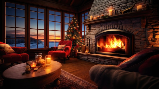 A fireplace in a living room with a christmas tree and candles ai