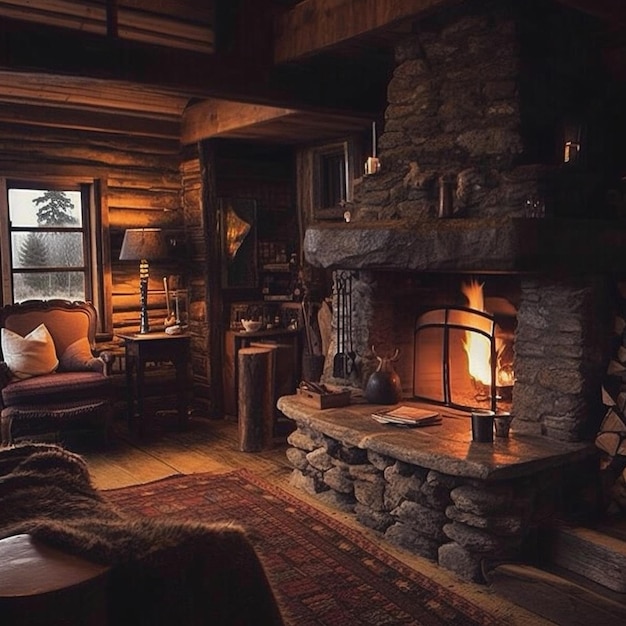 Photo a fireplace in a log cabin with a large window