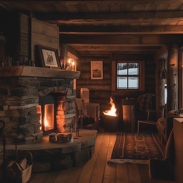 A fireplace in a log cabin with a picture of a fire on the wall