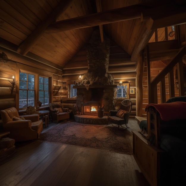 Photo the fireplace in the main room of the lodge