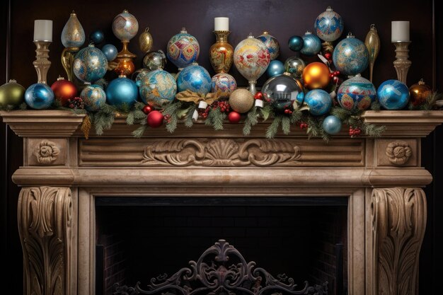 Fireplace mantel adorned with holiday ornaments