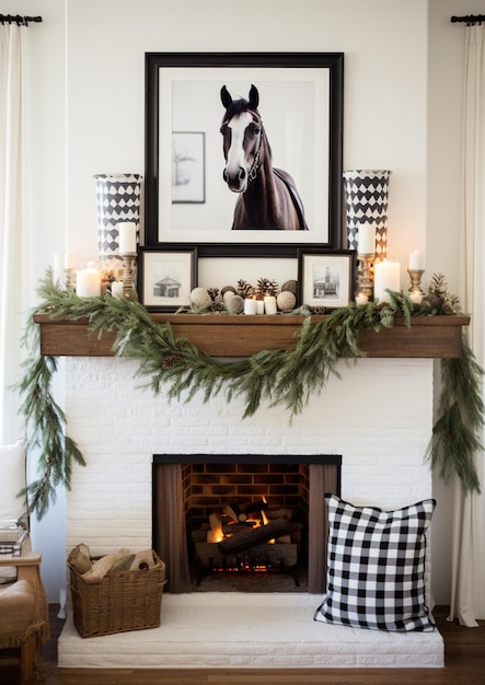 fireplace mantle with a horse and candles and a picture on it generative ai
