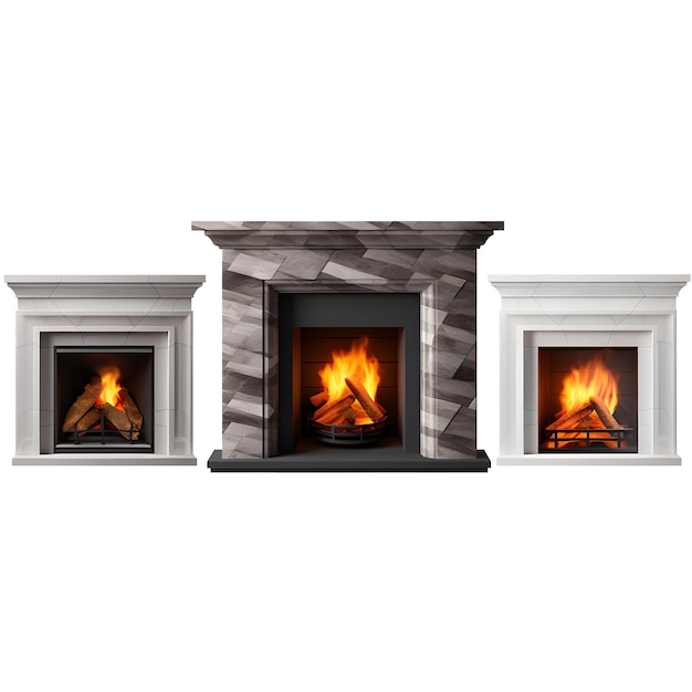 Фото Камин современный классический и каменный стиль красиво зажженный огонь на белом фоне