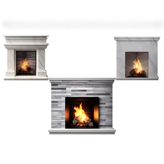 fireplace modern classic and stone style beautiful lit fire on a white background