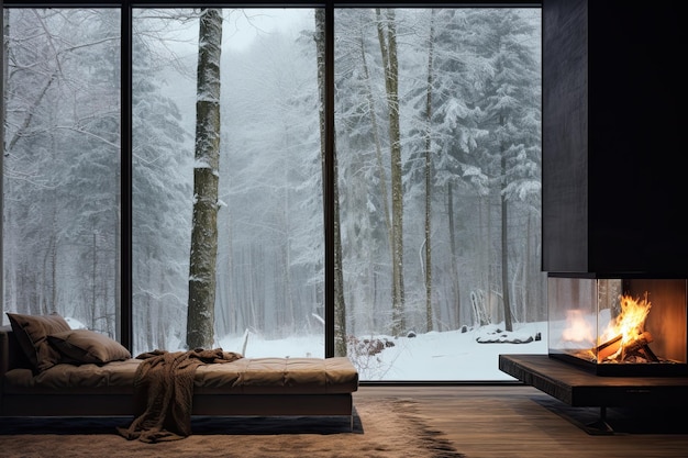 Photo fireplace in a modern style panoramic windows against the background of a winter forest