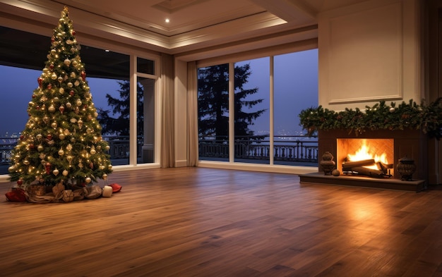 fireplace and plain green christmas tree