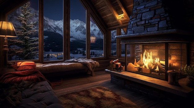 A fireplace in a room with a mountain view in the background.