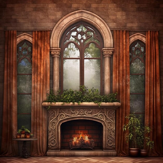 fireplace in a room with a stone mantle and a window generative ai