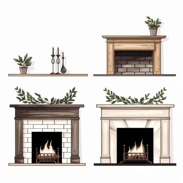 Photo fireplace set interior fireplace vector illustration in cartoon style