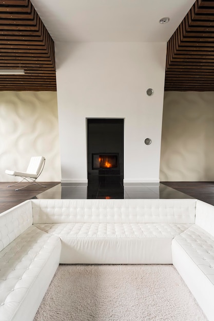 Fireplace and sofa