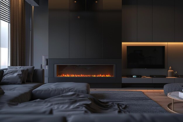 Photo a fireplace with a black screen and a fireplace with a black screen