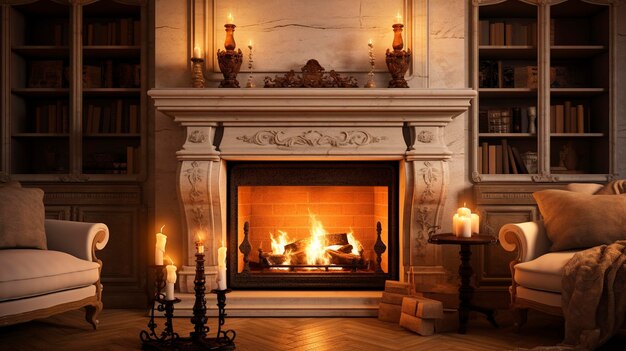 a fireplace with a book on the mantle