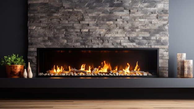 Fireplace with burning wood logs bright flames