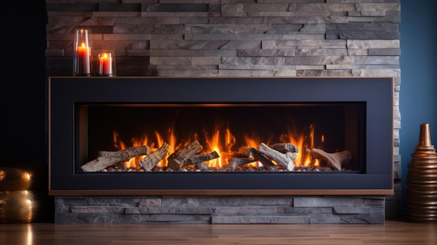 Fireplace with burning wood logs bright flames