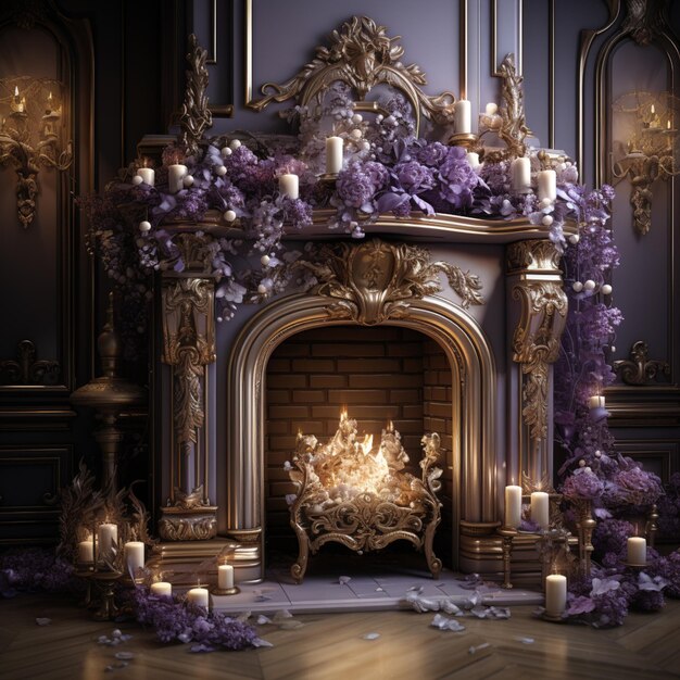 fireplace with candles and flowers in front of it in a room generative ai