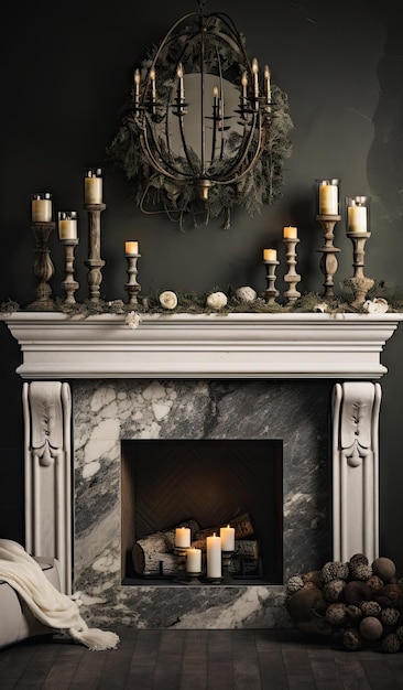 a fireplace with candles wreaths and other christmas decorations on the mantle is surrounded by greene's branches