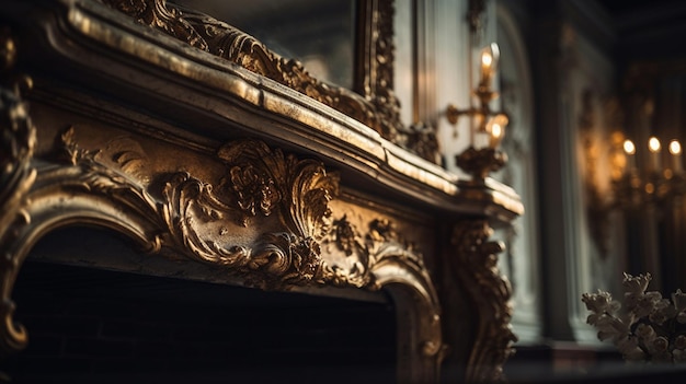 A fireplace with a chandelier and a gold mirror.