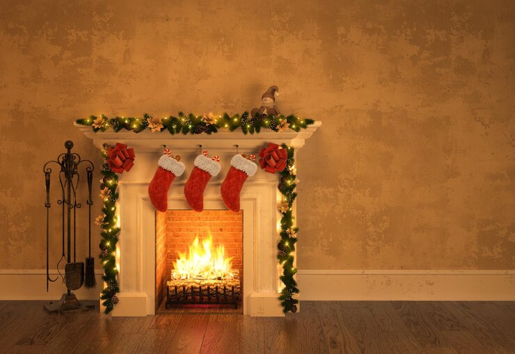 Photo fireplace with christmas decoration 3d rendering