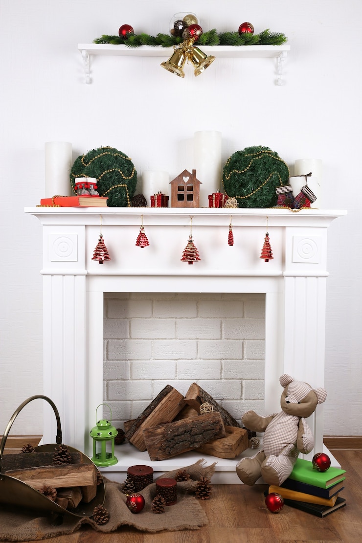 Photo fireplace with christmas decoration on wooden floor near white background