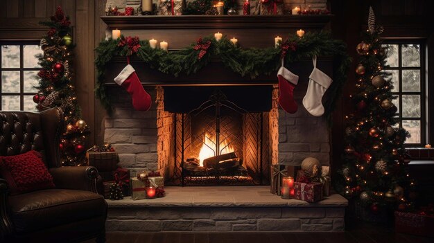 a fireplace with christmas decorations and candles