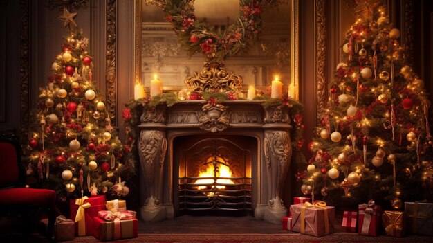 クリスマスの飾りとその前にプレゼントのある暖炉生成ai