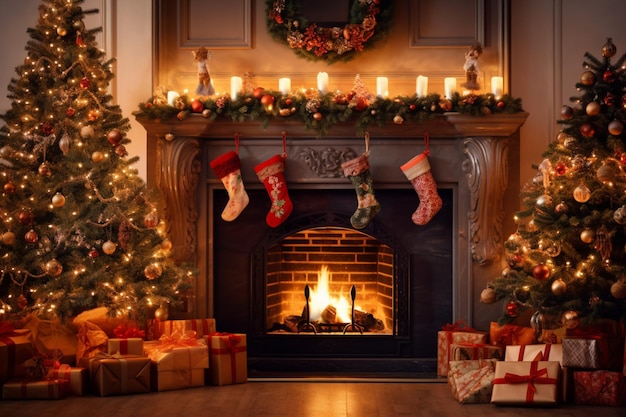 fireplace with christmas decorations and presents in front of it generative ai