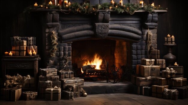 Photo fireplace with christmas decorations