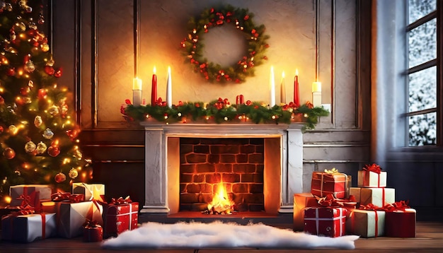 クリスマスの装飾が施された暖炉