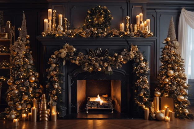 A fireplace with a christmas tree and candles