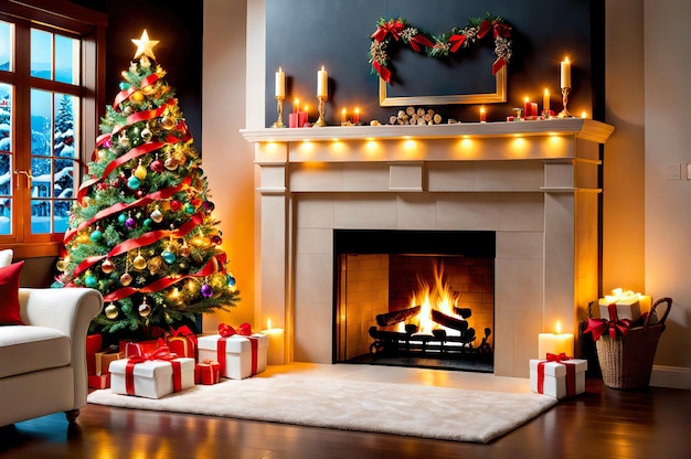 Fireplace with a christmas tree and christmas decorations in the living room