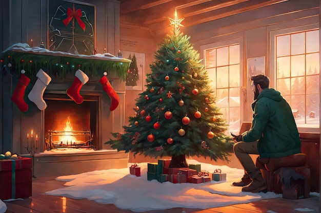 リビング ルームのクリスマス ツリーとクリスマスの飾りのある暖炉
