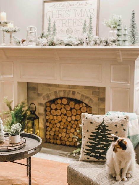 Photo a fireplace with a christmas tree on the mantle