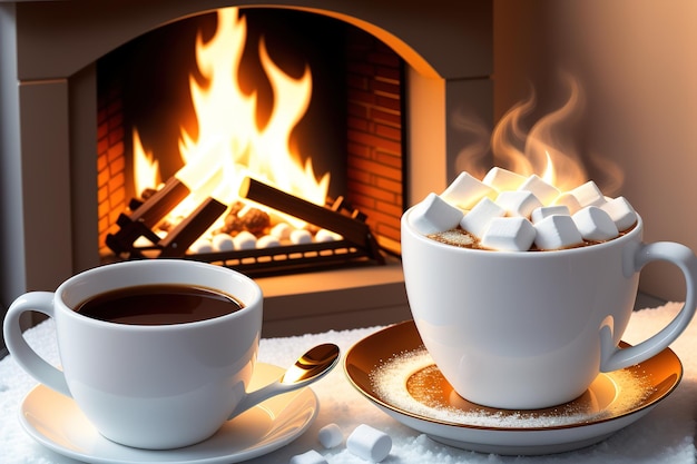 A fireplace with a cup of coffee and marshmallows