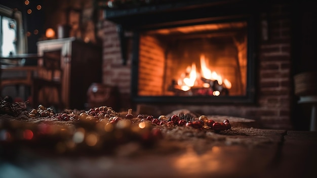 A fireplace with a fire in the background