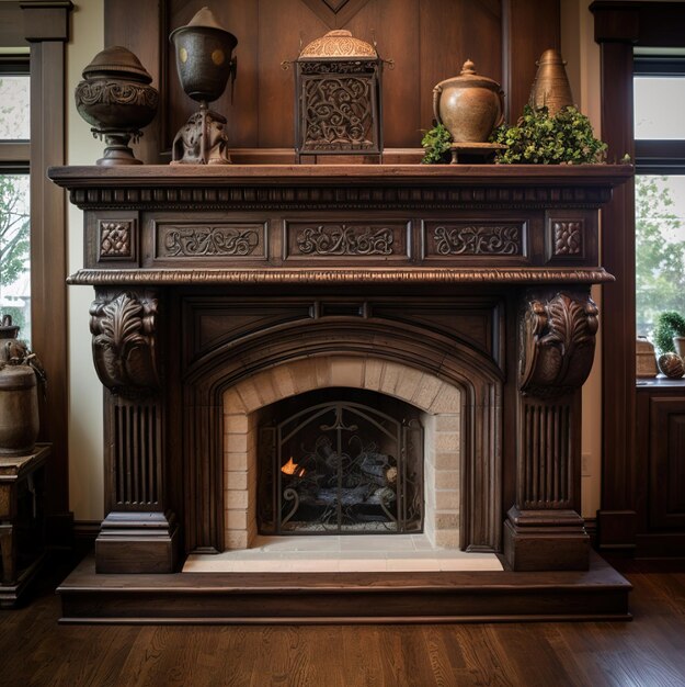 Photo a fireplace with a fire burning in it and a fire place in the middle.