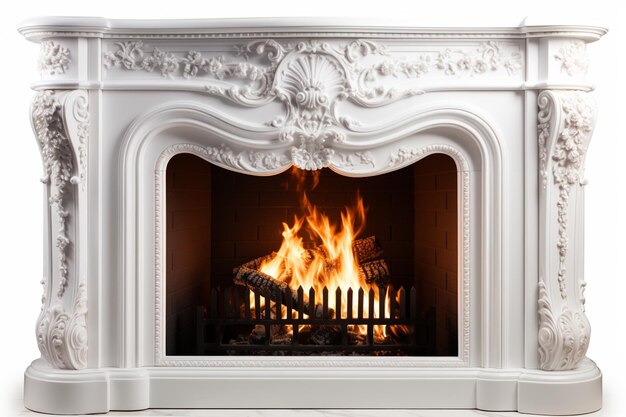 Photo fireplace with fire burning in it on a white background generative ai