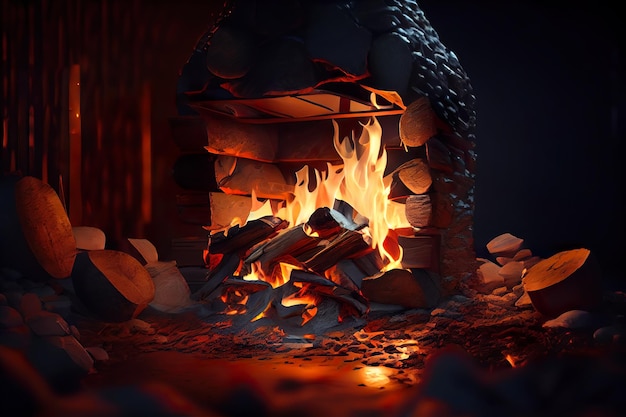 A fireplace with a fire burning in it