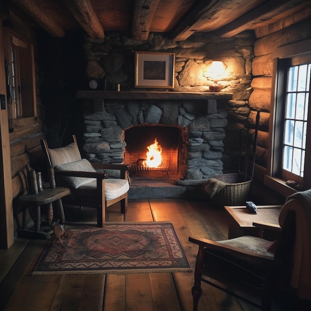 A fireplace with a fire in it and a picture of a fire on the wall.