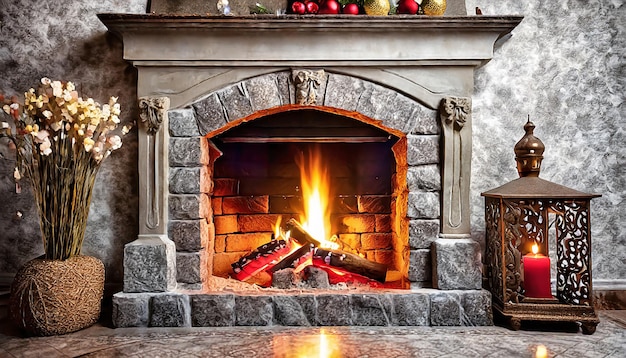 fireplace with fire light illuminating the room