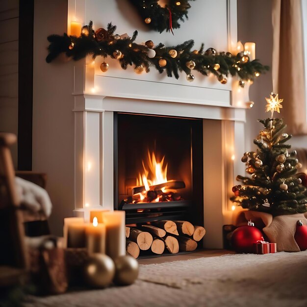 a fireplace with a fireplace and christmas decorations on the table