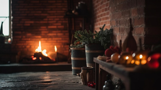 A fireplace with a fireplace and a potted plant in front of it.