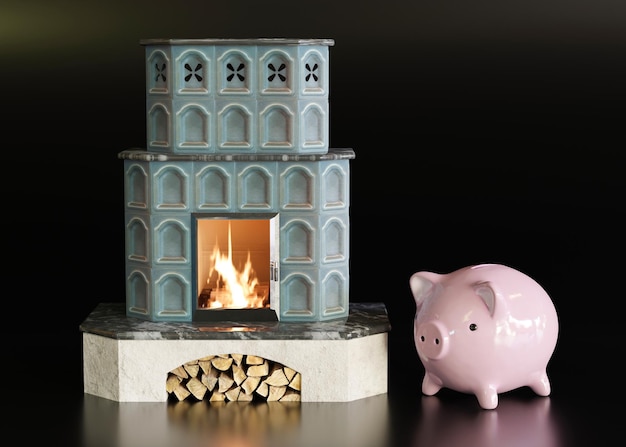 Fireplace with firewood and piggy bank on black background Heating is getting more expensive Firewood price Energy crisis 3D rendering