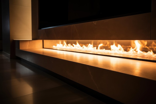 Fireplace with flames in modern living room created using generative ai technology