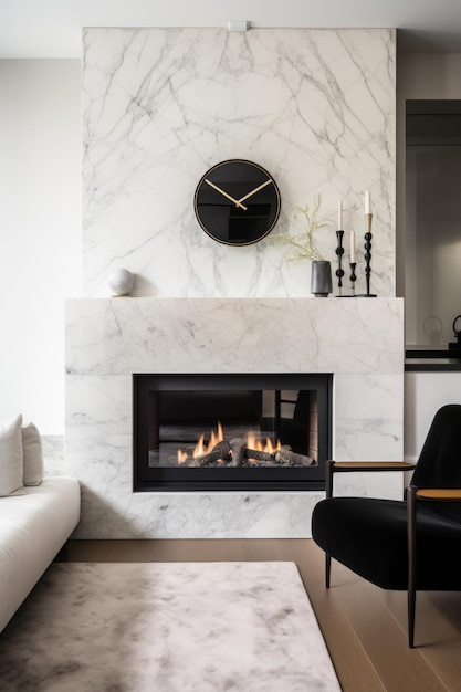 Fireplace with flames in modern living room created using generative ai technology