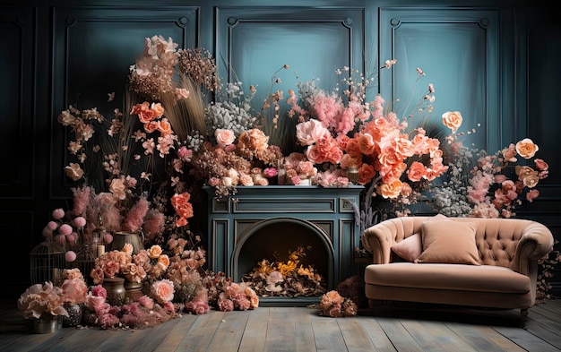 a fireplace with flowers and a fireplace.