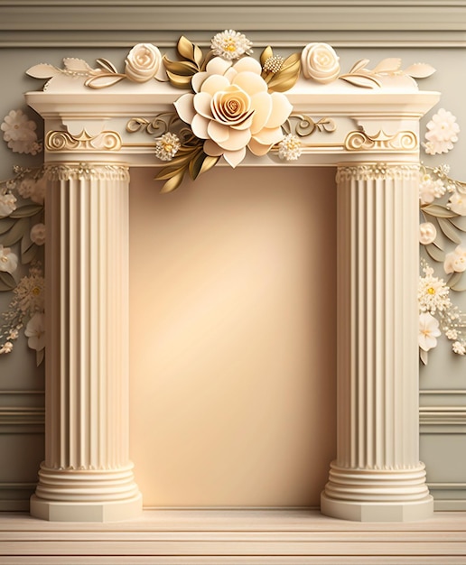 Photo a fireplace with a gold leaf and flowers on it