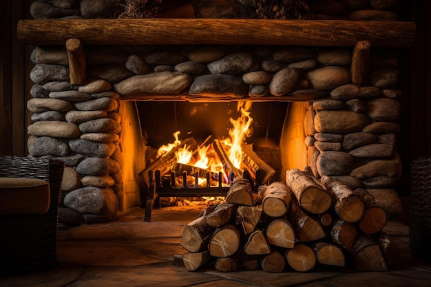 A fireplace with a log fire in the foreground