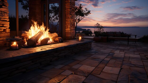 Photo fireplace with natural view at sunset